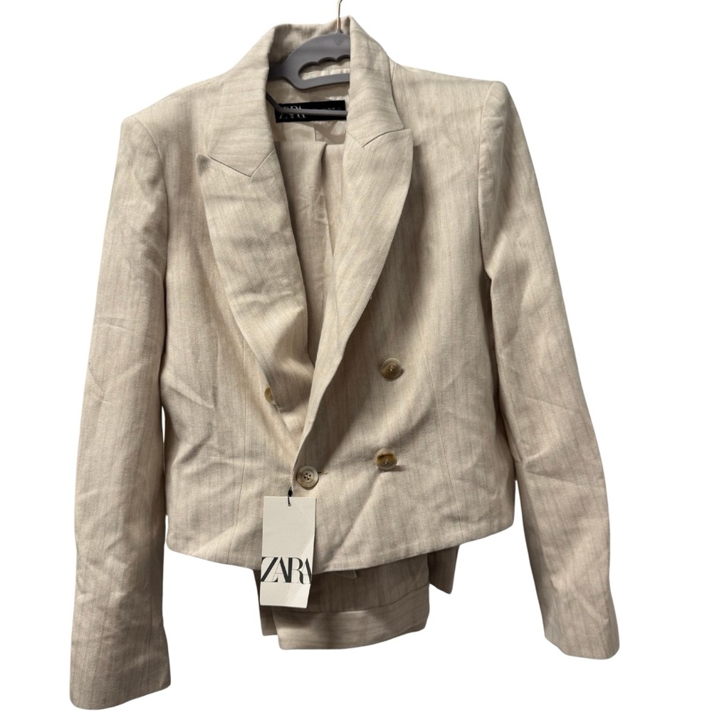 NWT Zara women's two-piece suit set blazer matching pants light beige size Large